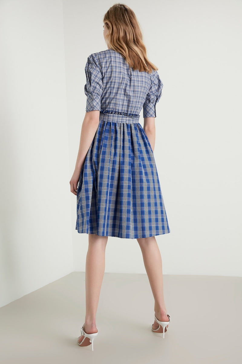 Machka Checkered Short Sleeve Belted A-Line Short Shirt Dress Cobalt