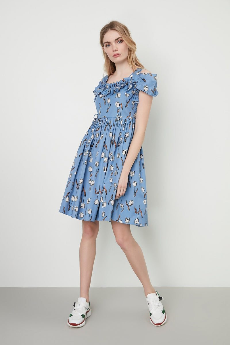 Machka Cold Shoulder With Frill Detail A-Line Pleated Mini Dress Sky Blue