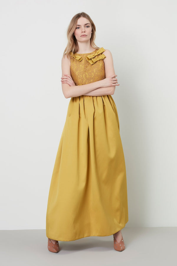 Machka Sleeveless Bow-Front Lace Detail A-Line Long Dress Mustard