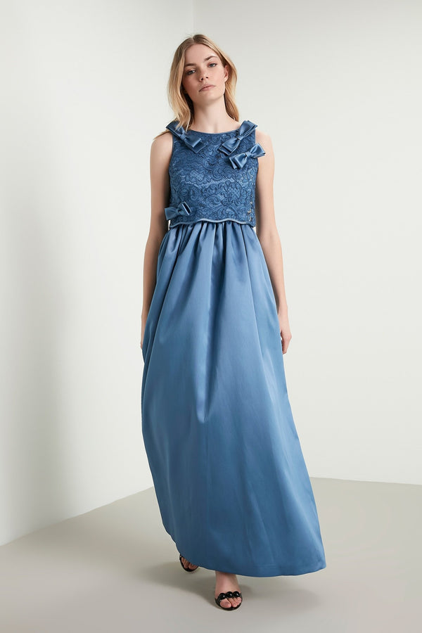 Machka Sleeveless Bow-Front Lace Detail A-Line Long Dress Blue