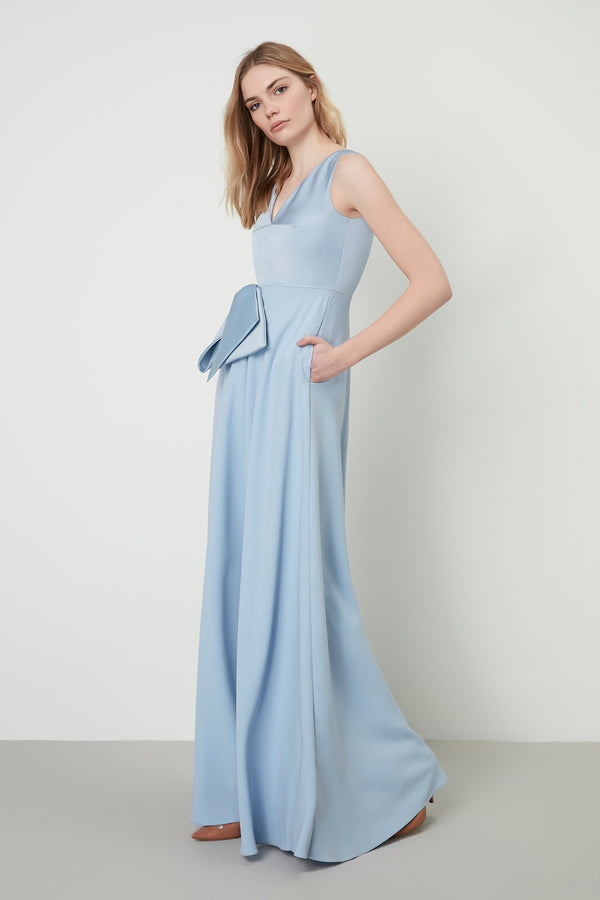 Machka Sleeveless Bow Detail A-Line Long Dress Sky Blue
