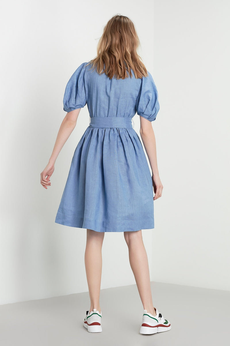 Machka Dress Linen Solid 3/4 S Sky Blue