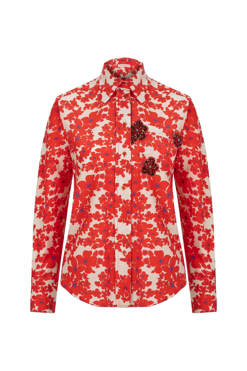 Machka Floral Print Long Sleeve Embellished Shirt Red