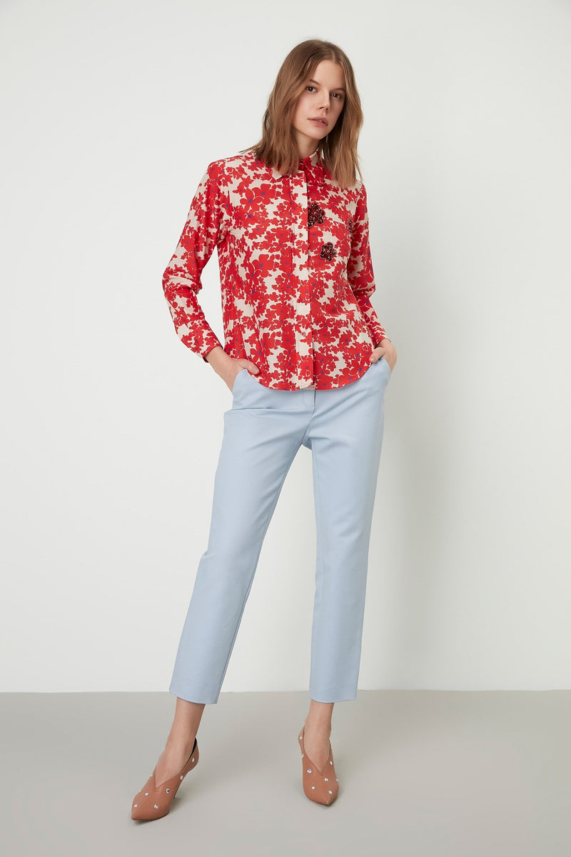 Machka Floral Print Long Sleeve Embellished Shirt Red