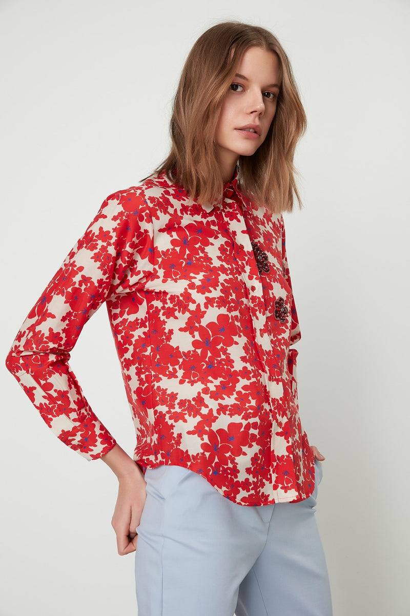 Machka Floral Print Long Sleeve Embellished Shirt Red