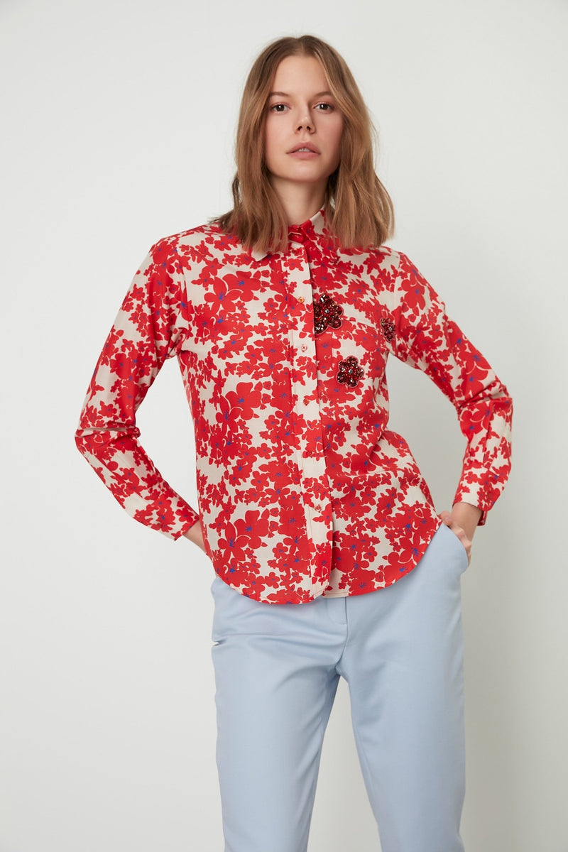 Machka Floral Print Long Sleeve Embellished Shirt Red