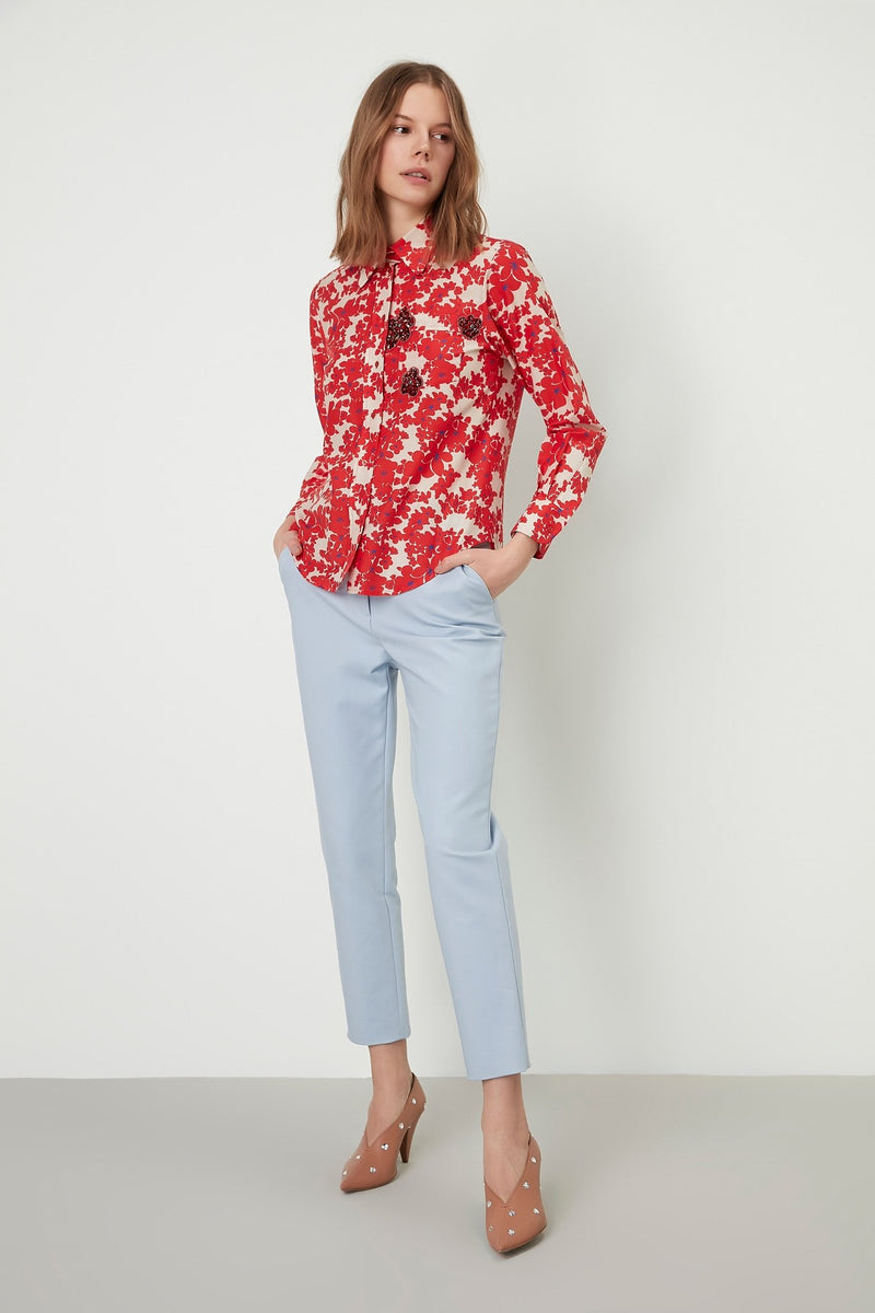 Machka Floral Print Long Sleeve Embellished Shirt Red