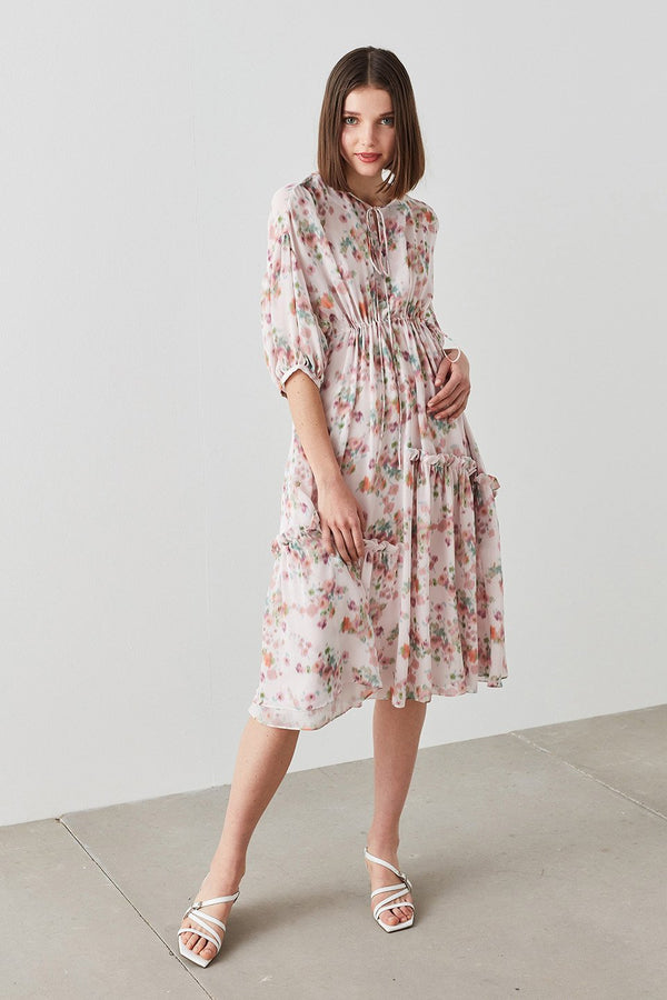 Machka Floral Print Frill Detail Dress Pink
