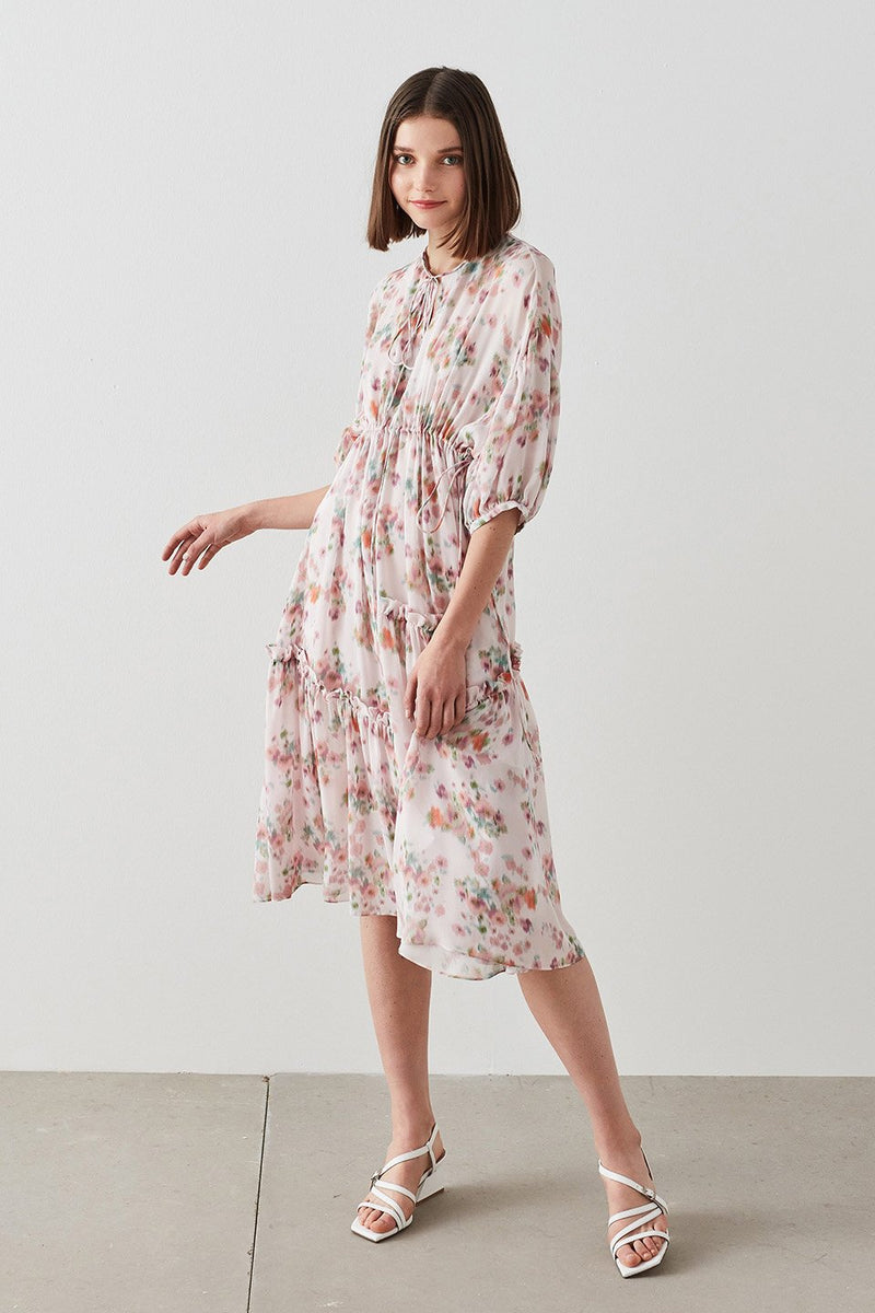 Machka Floral Print Frill Detail Dress Pink