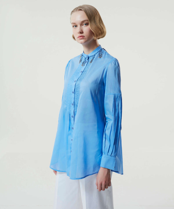 Machka Embellished Pintuck Shirt Blue