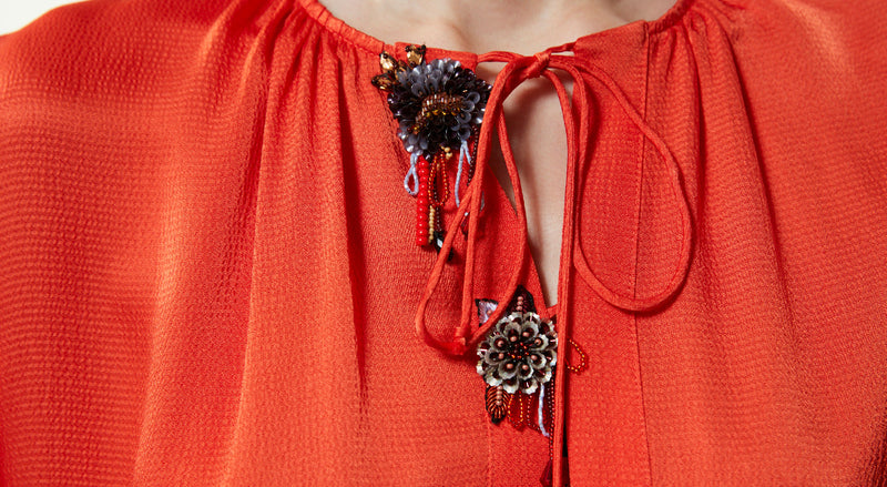 Machka Floral Module-Embroidered Slit Dress Orange