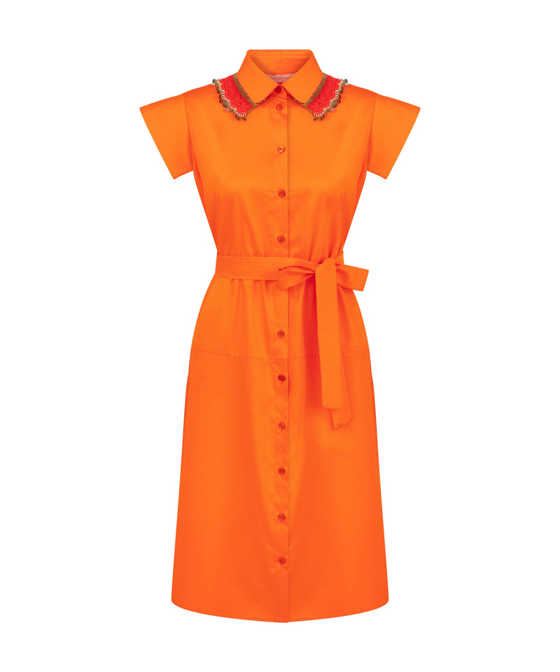 Machka Shirt Dress With Detachable Crochet Collar Orange
