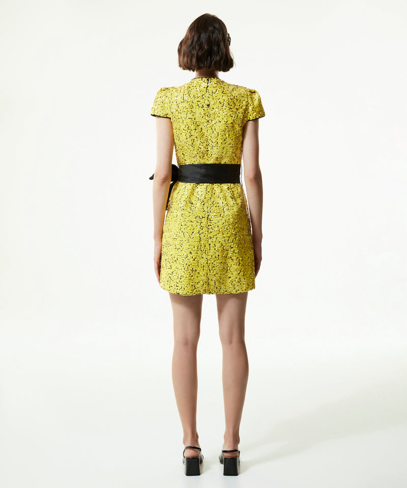 Machka Contrast Belted Sequined Mini Dress Yellow