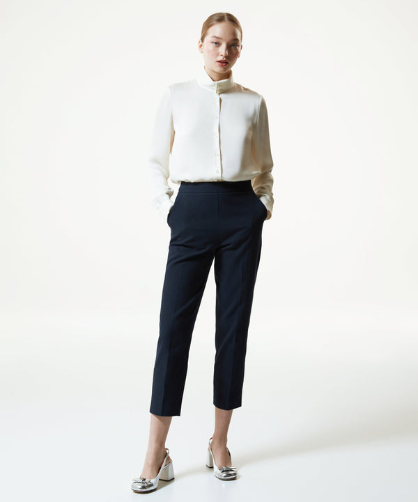 Machka Textured Cigarette Fit Trousers Navy Blue