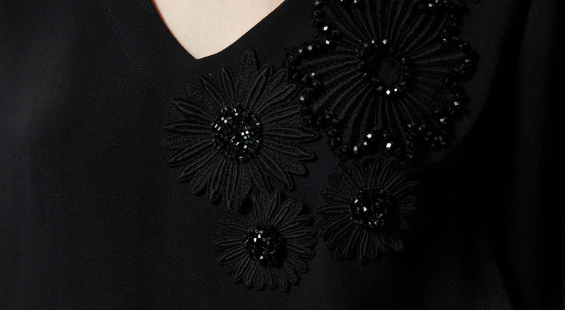 Machka Floral Module Embroidered Crepe Blouse Black