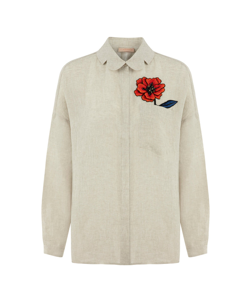 Machka Floral-Embroidered Linen Shirt Natural