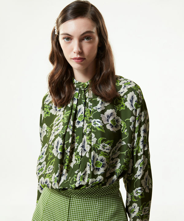 Machka Floral Print Collar Tunic Blouse Green