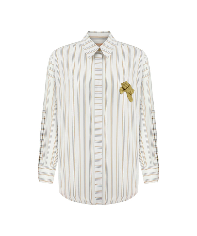 Machka Stripe Pattern Shirt With Detachable Bow Brooch White