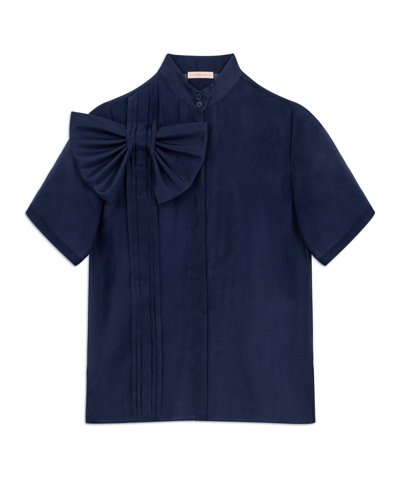 Machka Silk Shirt With Ribbon Navy Blue