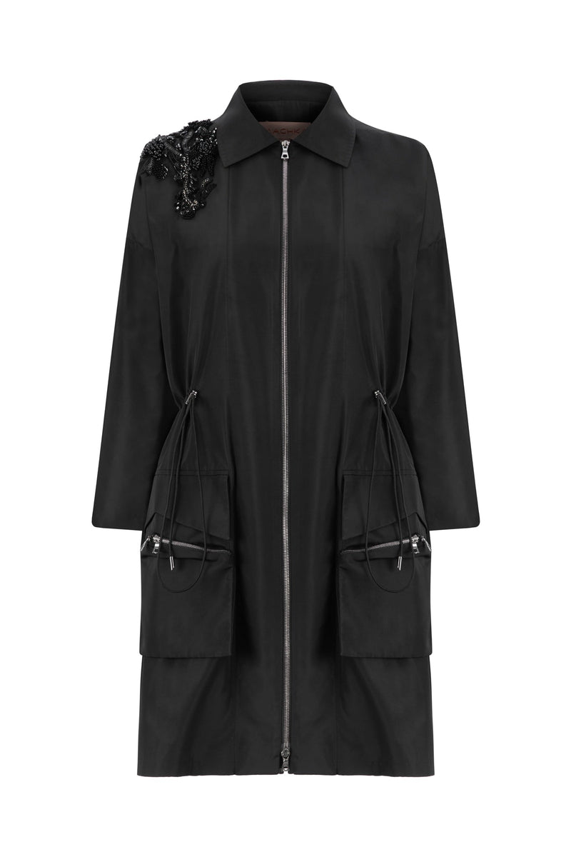 Machka Embellished Detail Zip Up Trench Coat Black