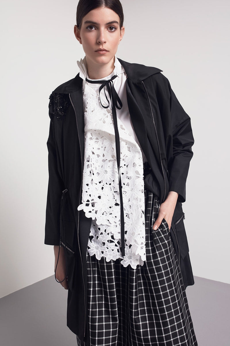 Machka Embellished Detail Zip Up Trench Coat Black