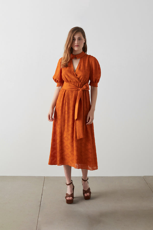 Machka Front Keyhole Jacquard Dress Orange
