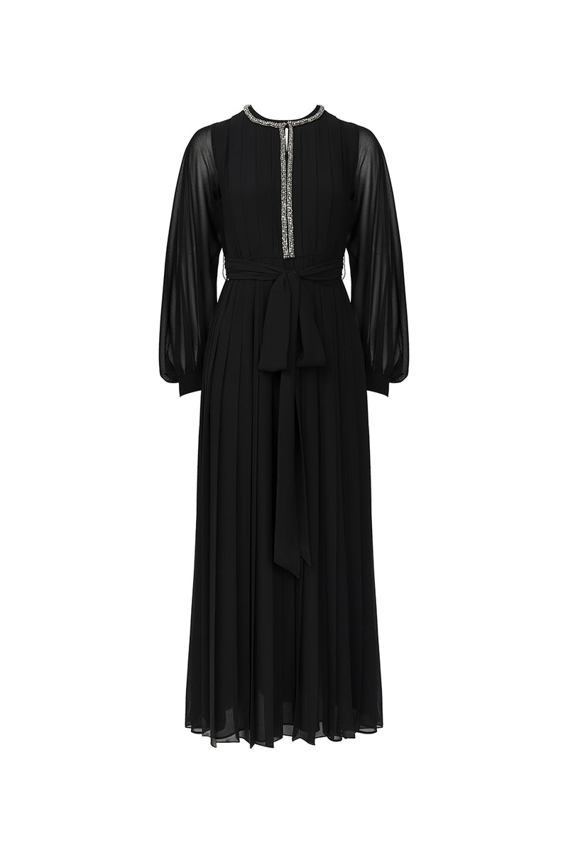 Machka Jewel Neckline Pleated Dress Black