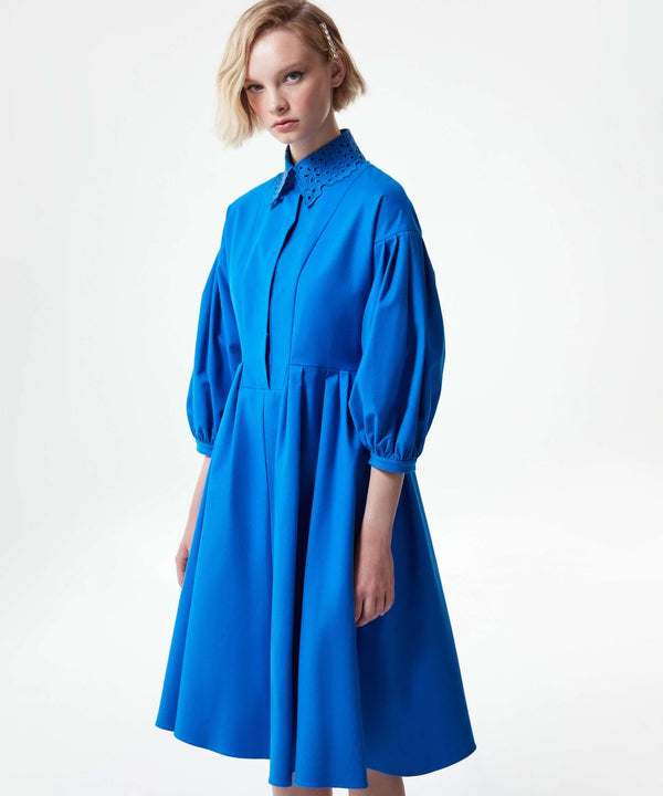 Machka Schiffli Collar Solid Flared Dress Electric Blue