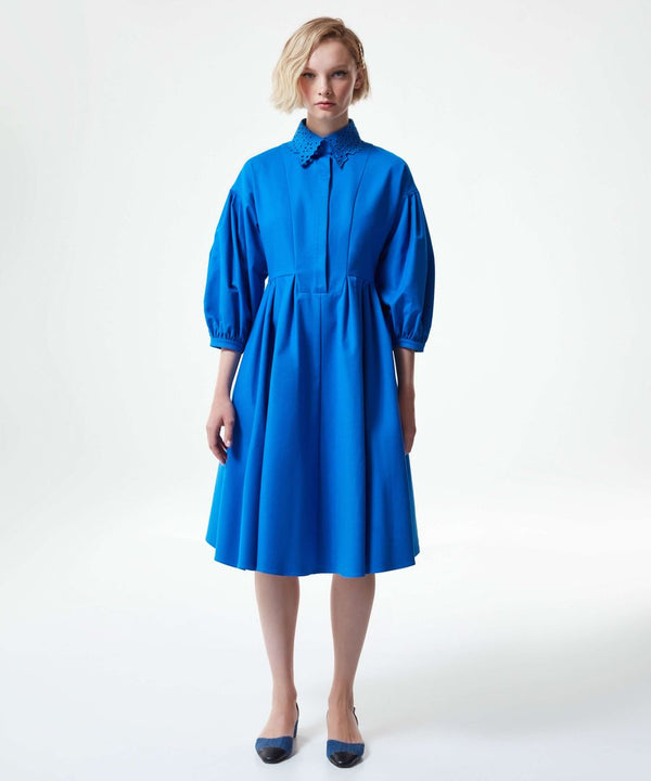 Machka Schiffli Collar Solid Flared Dress Electric Blue