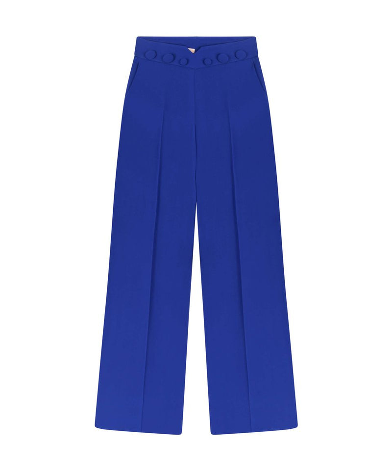 Machka Buttoned Waist Crepe Solid Trouser Sax