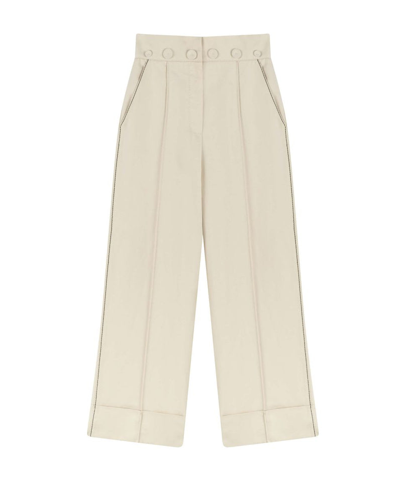 Machka Solid Wide Leg Pants With Running Embroidery Ecru