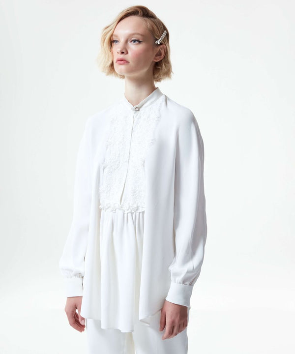 Machka Lace Yoked Solid Classic Blouse Off White