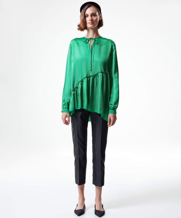 Machka Asymmetrical Frill Flounce  Blouse Green