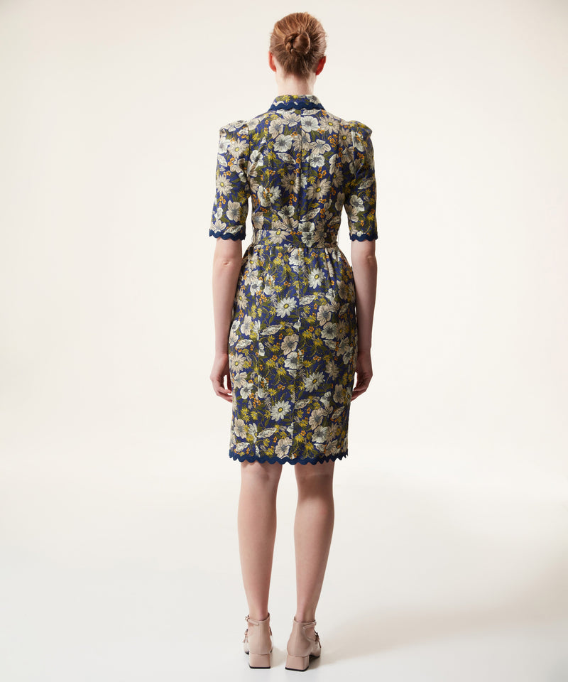 Machka Floral Pattern Belted Shirt Dress Navy Blue