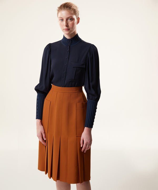 Machka Ribbed Detail Solid Blouse Navy Blue