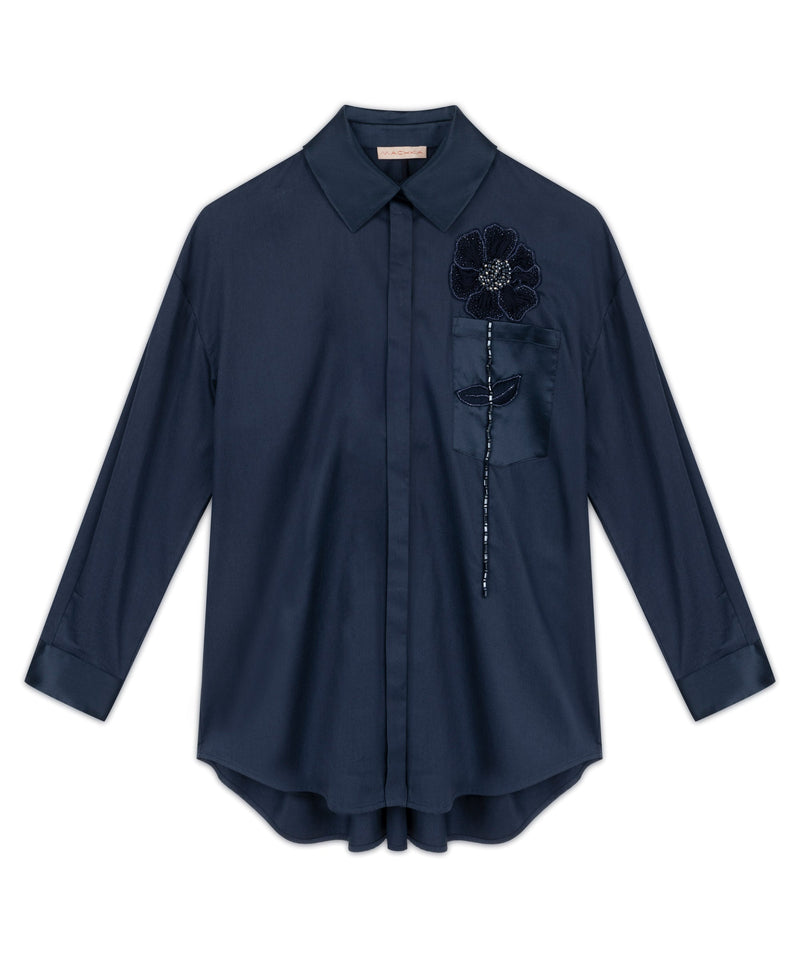 Machka Floral Embroidered Poplin Shirt Navy Blue