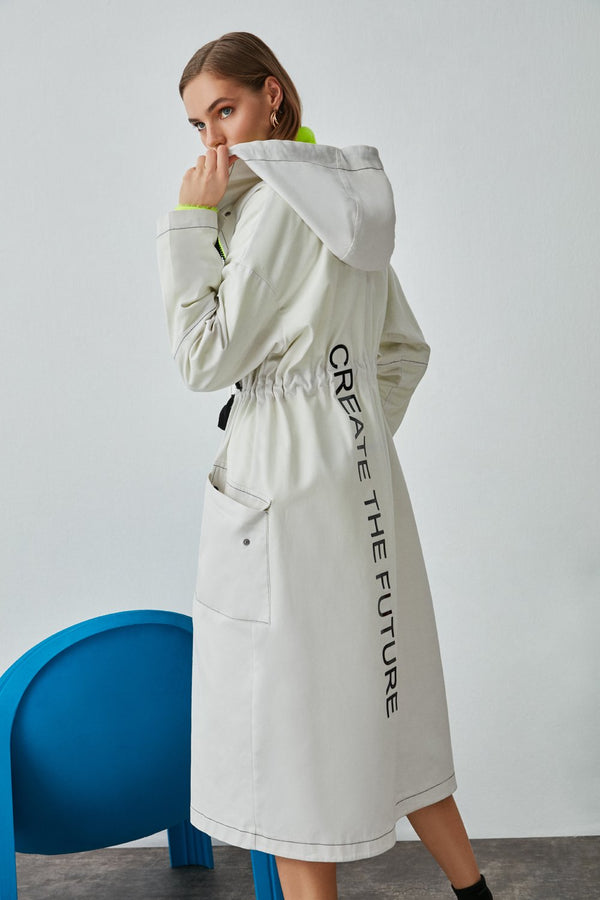 Nocturne Create The Future Text Print Trench Coat Off White