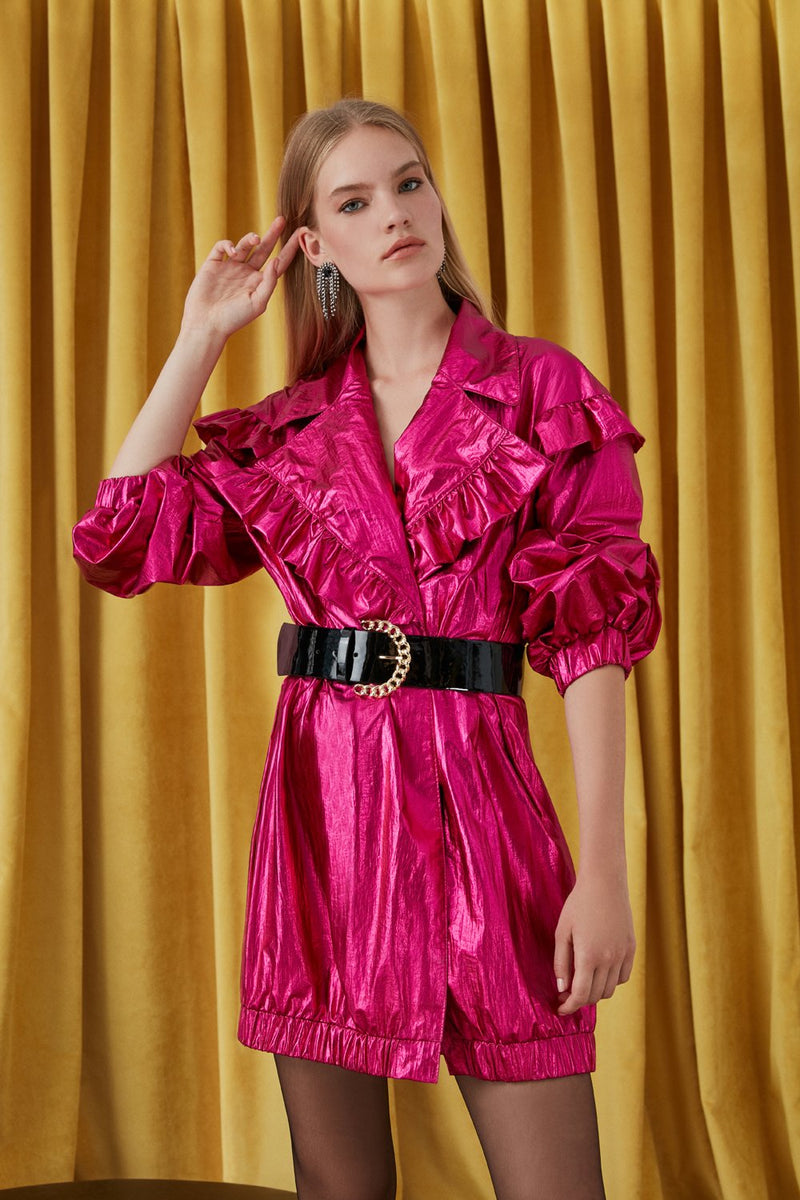 Nocturne Lurex Frill Detail Belted Jacket Fuchsia