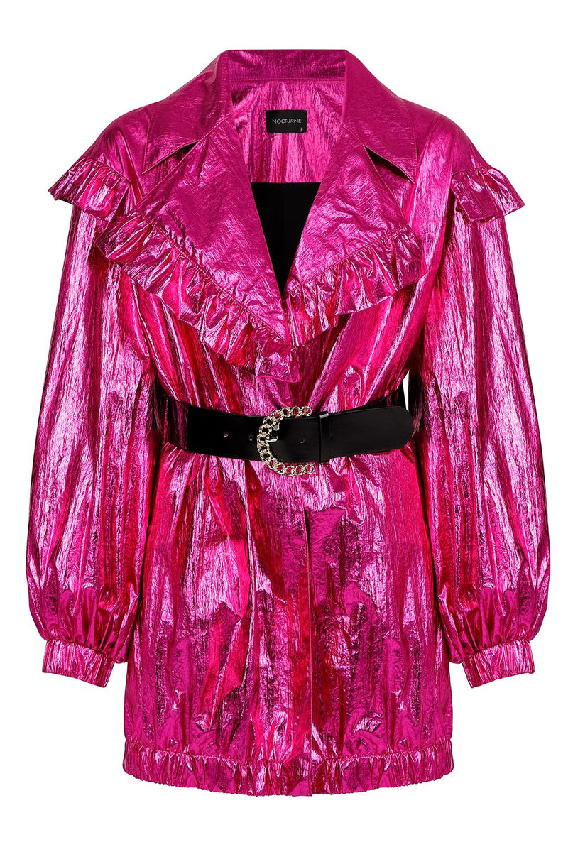 Nocturne Lurex Frill Detail Belted Jacket Fuchsia