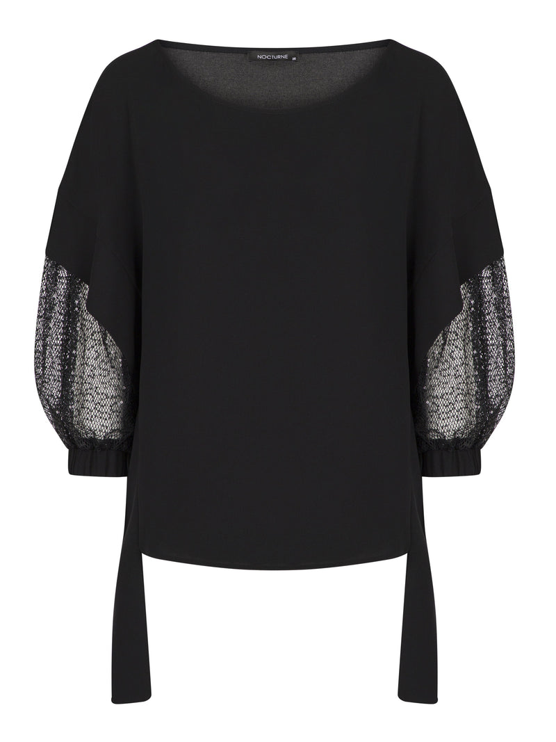 Nocturne Sheer Detail Sleeve Wide Blouse Black