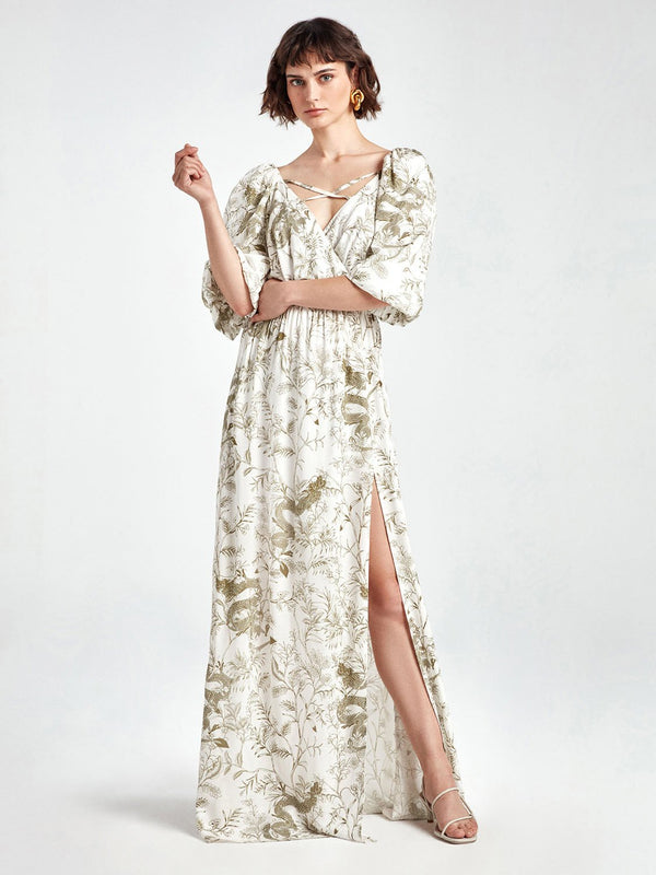 Nocturne Dress Print Slit Edge Off White - Wardrobe Fashion