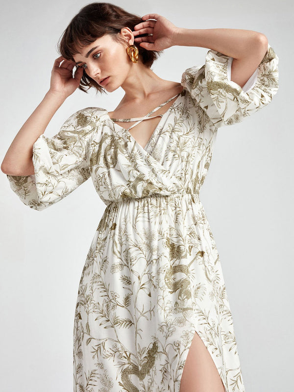 Nocturne Dress Print Slit Edge Off White - Wardrobe Fashion