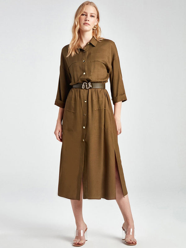 Nocturne Dress Shirt +Belt L/S Khaki - Wardrobe Fashion