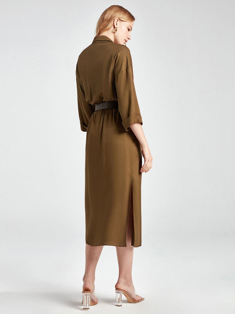 Nocturne Dress Shirt +Belt L/S Khaki - Wardrobe Fashion