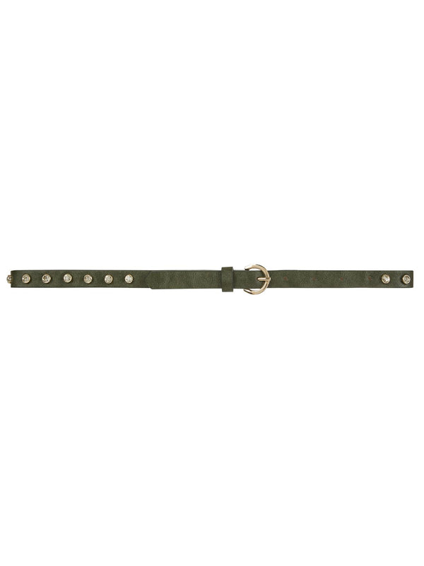 Nocturne Crystal Stone Detailed Thin Belt Khaki