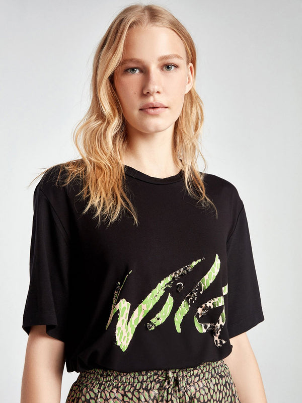Nocturne T-Shirt Text Print S/Sl Black - Wardrobe Fashion