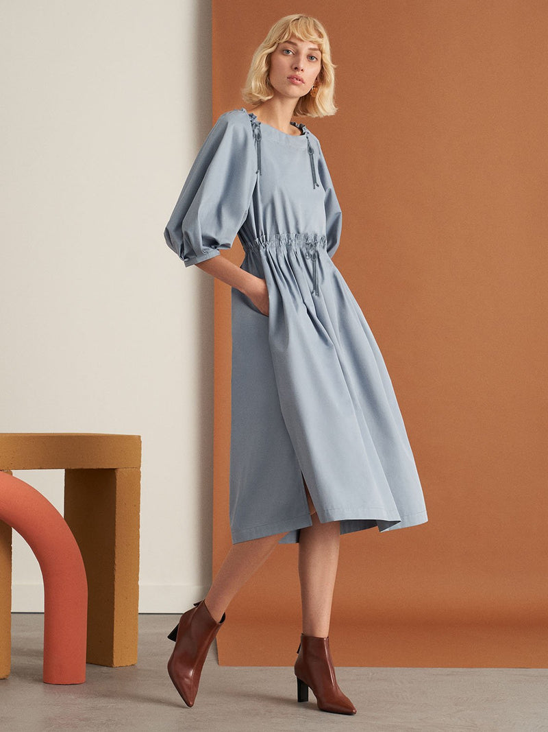 Nocturne 3/4 Balloon Sleeve A-Line Midi Dress Blue