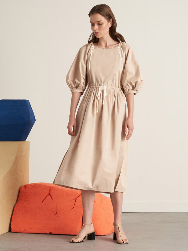 Nocturne 3/4 Balloon Sleeve A-Line Midi Dress Beige