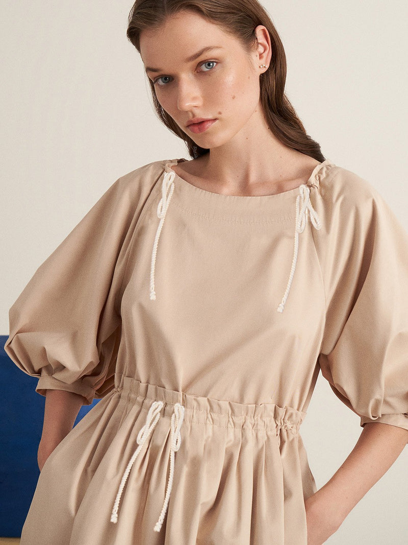 Nocturne 3/4 Balloon Sleeve A-Line Midi Dress Beige