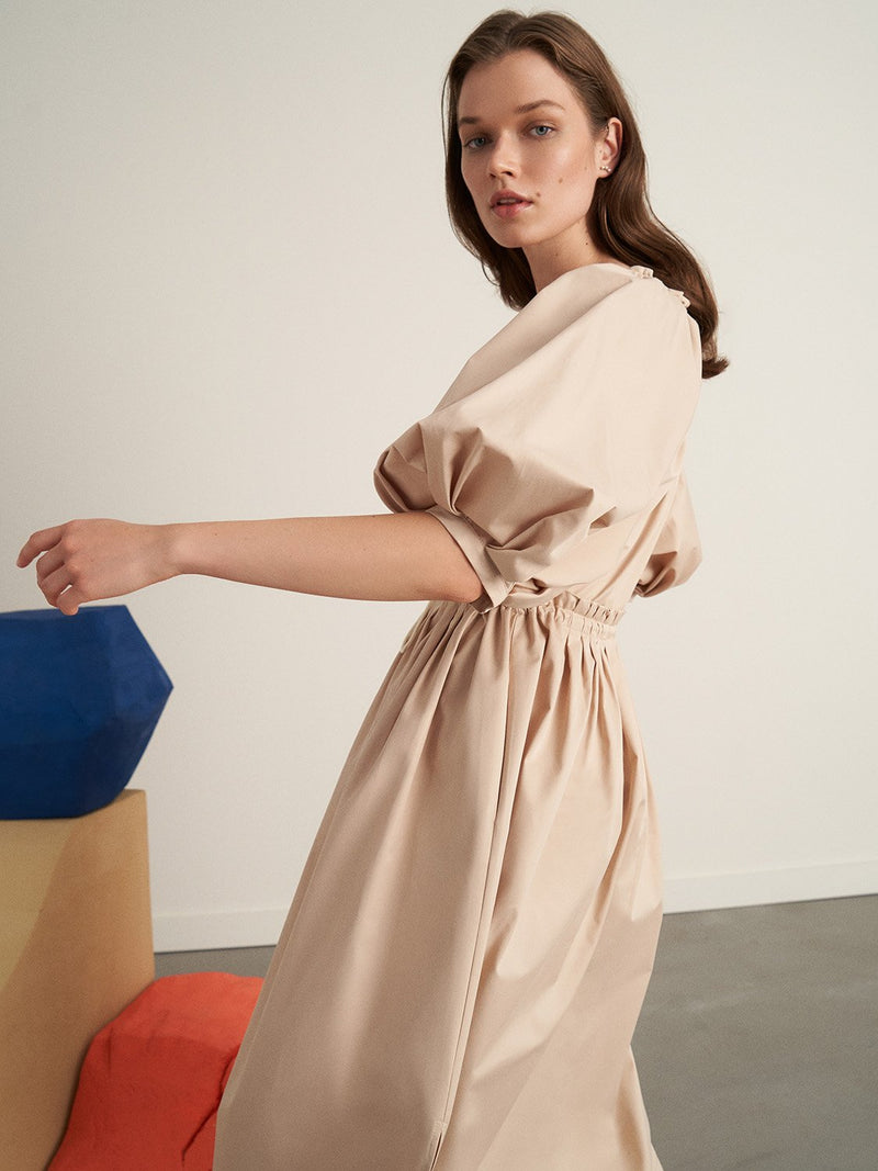 Nocturne 3/4 Balloon Sleeve A-Line Midi Dress Beige